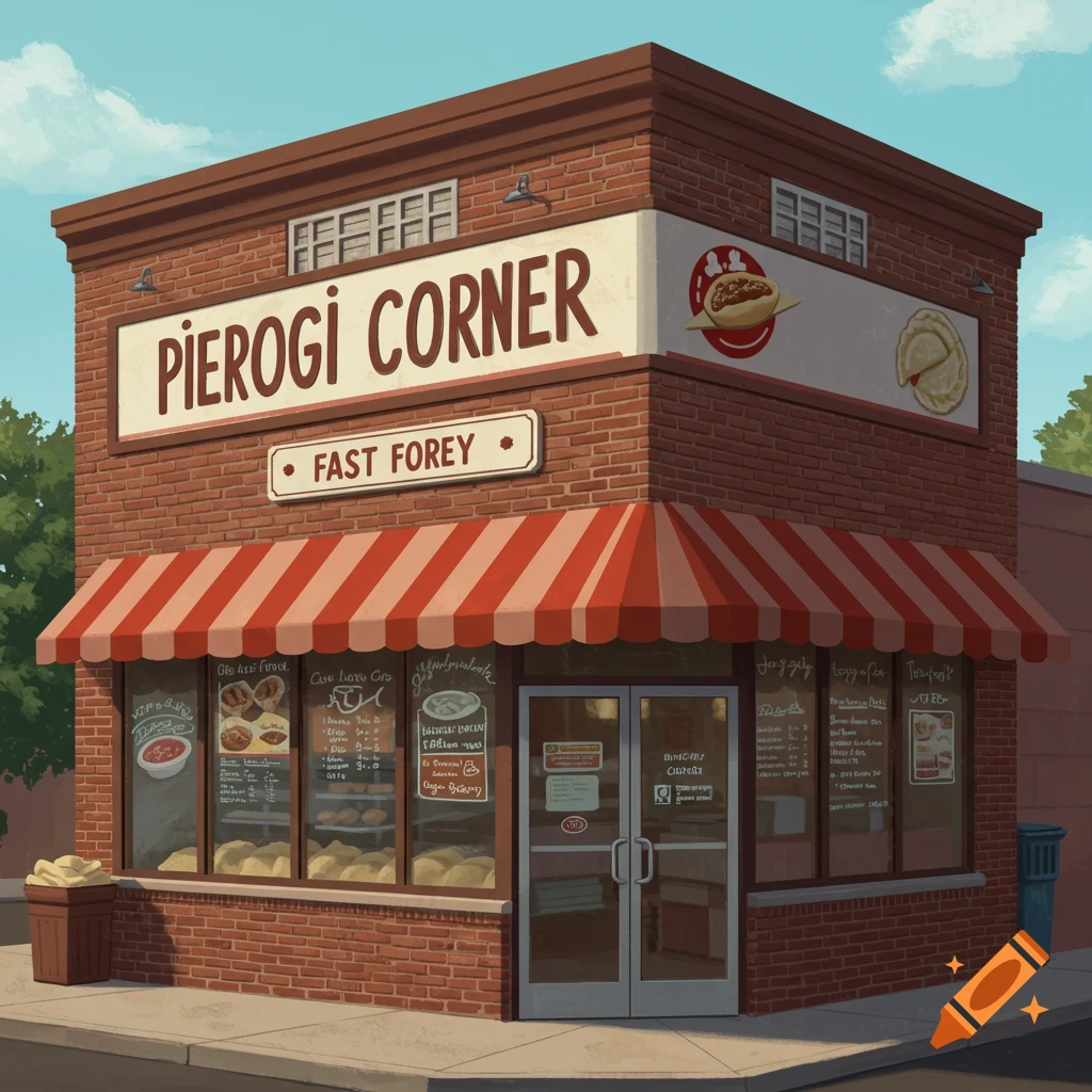 A brick building storefront with a sign that reads "Pierogi Corner FAST FOREY" and a red and white striped awning.