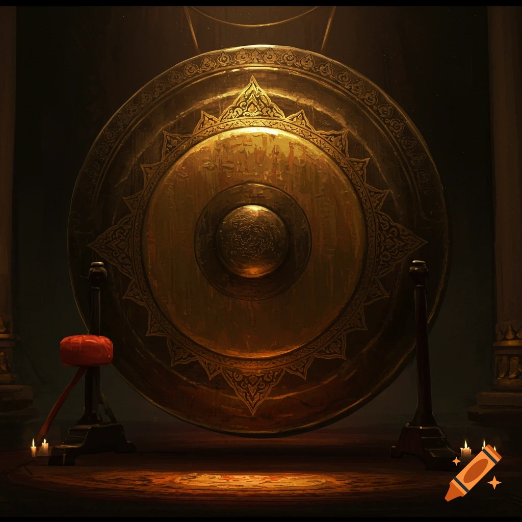 A large golden gong stands in a dimly lit room with candles.
