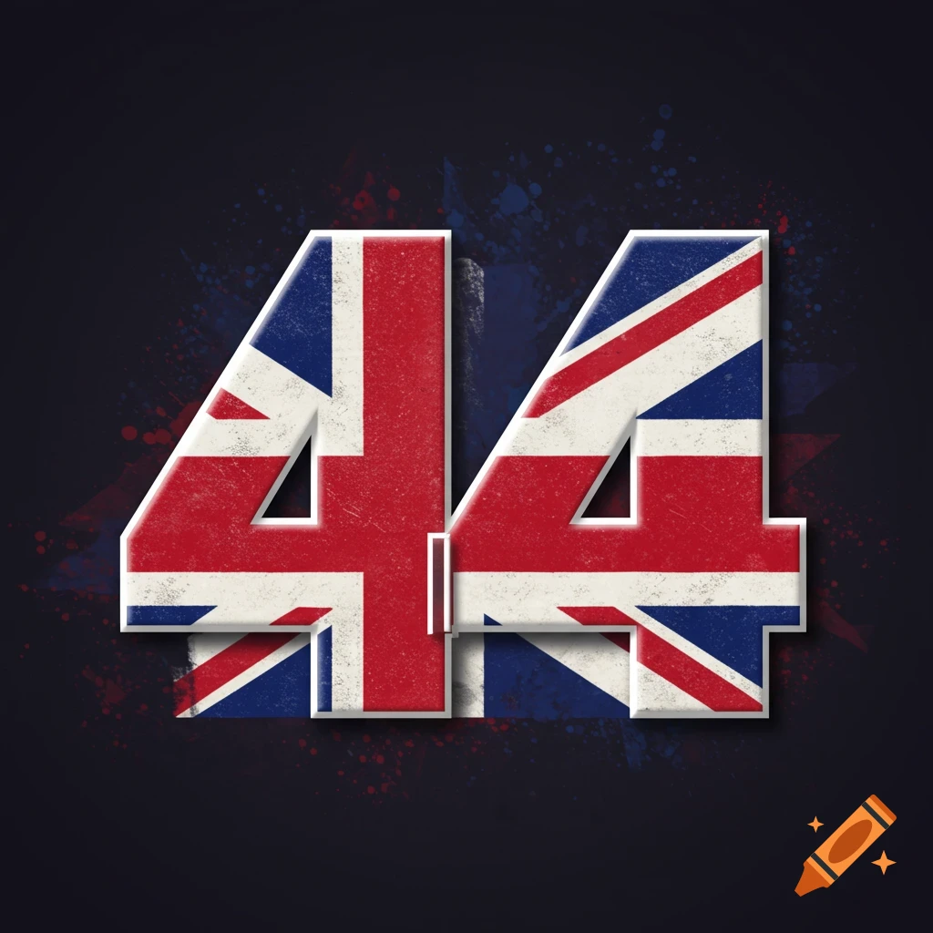 The number 44 styled with the Union Jack flag on a dark background.