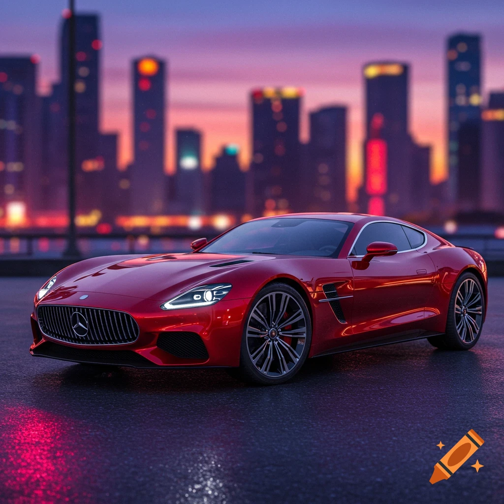 A red luxury GT car is parked in front of a city skyline at dusk.