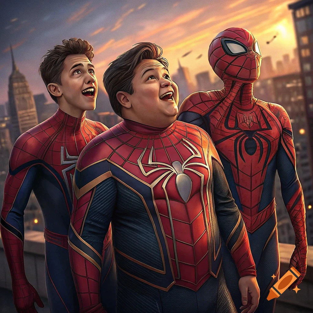 Three people resembling Nick Jonas, Jacob Batalon, and Jack Black in Spiderman suits look up at the sky on a city rooftop.