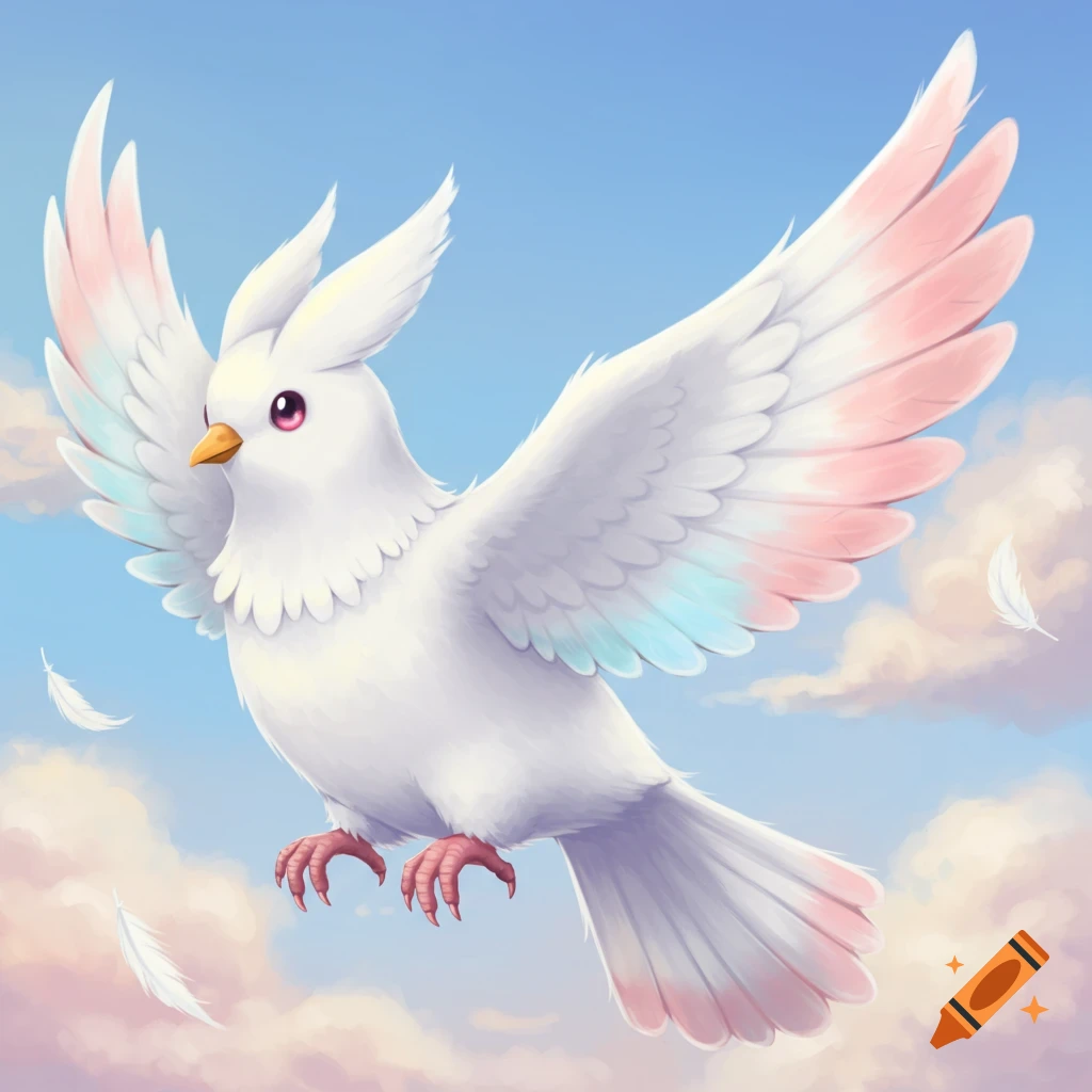 A white bird with pink and blue tipped wings flies against a sunny, cloudy sky.