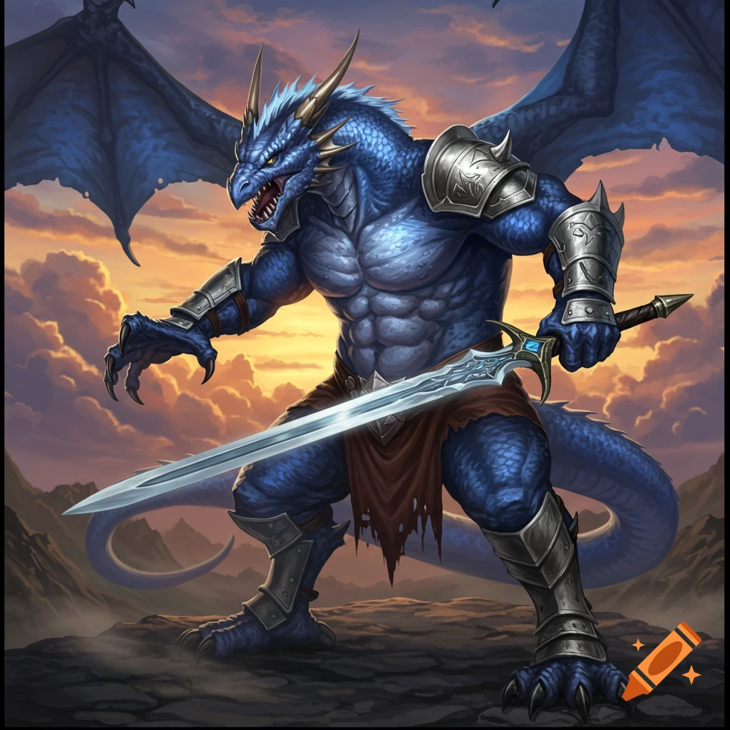A blue dragon warrior in armor stands on rocks with a sword at sunset.