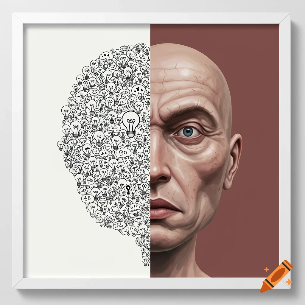Split portrait, one side a man's face, the other a brain shape filled with idea doodles.
