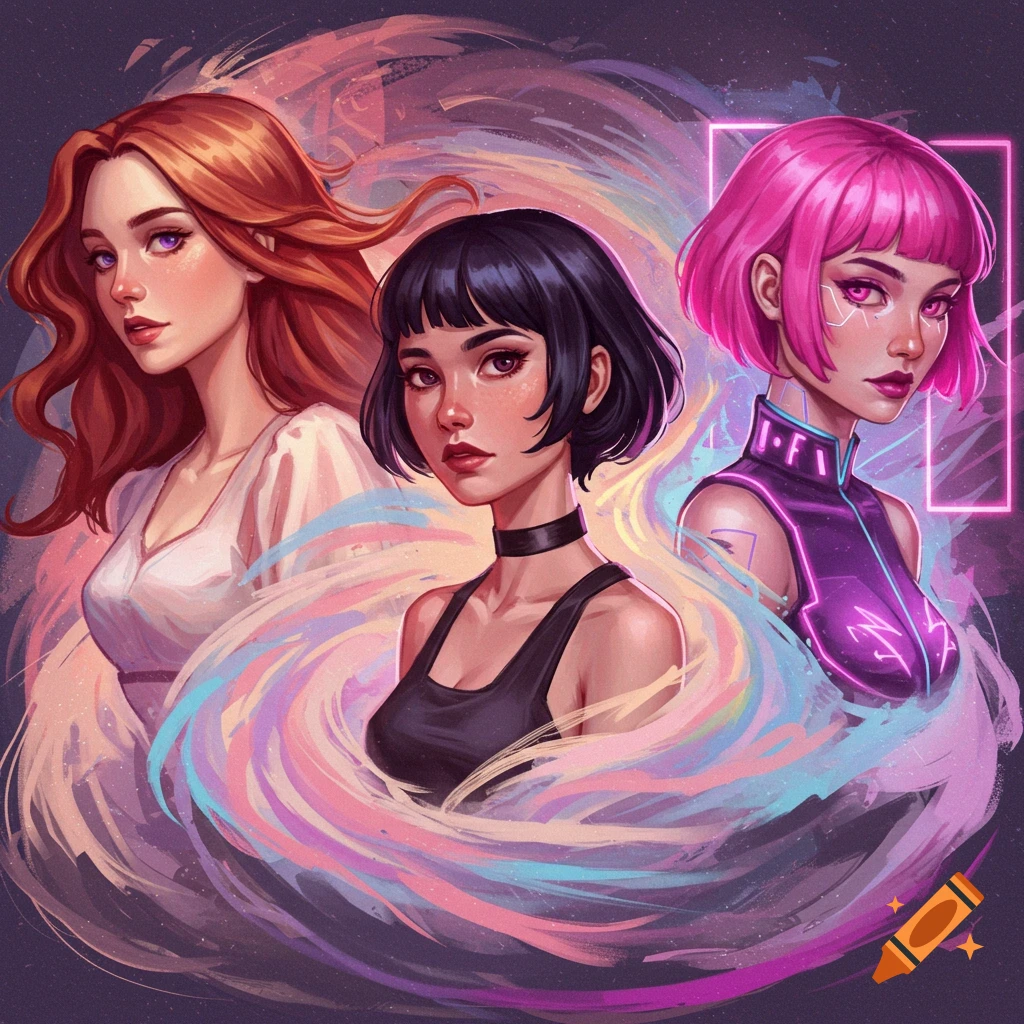 Three women, one with red hair, one with dark hair, and one with pink hair in a futuristic outfit, surrounded by swirling colors.