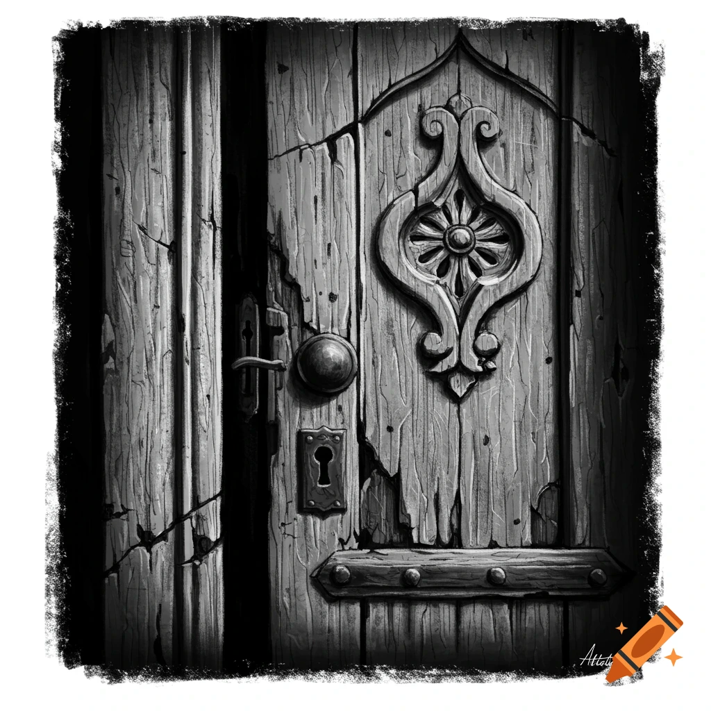 Black and white image of an old wooden door with ornate carving