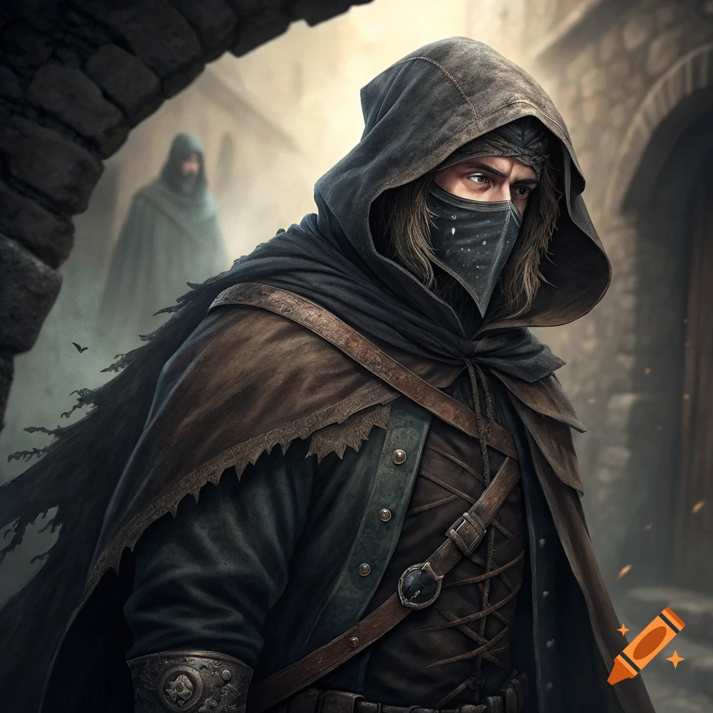 A masked figure in a hood and medieval clothing stands in an alley, with another figure in the background.