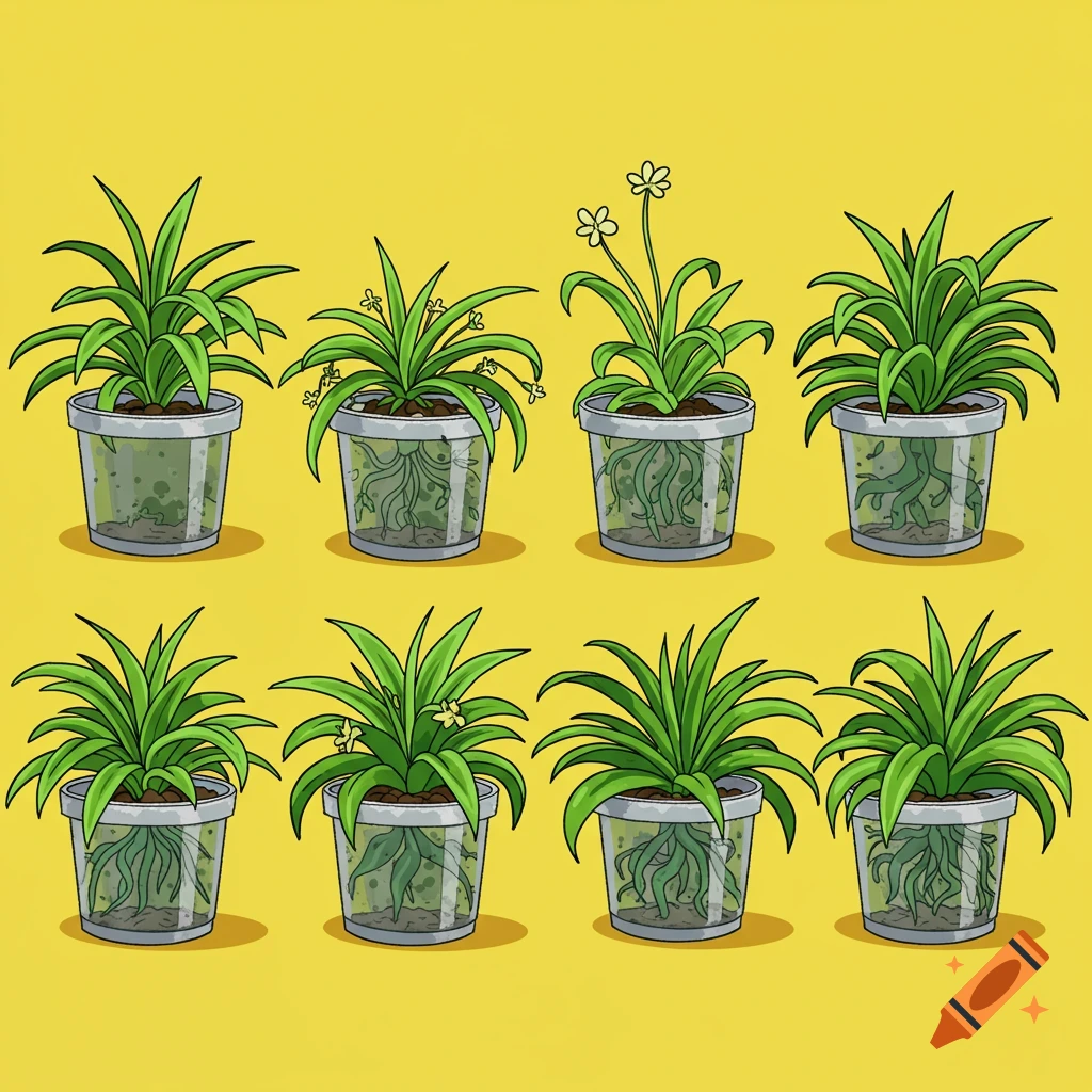 A cartoon illustration shows eight potted spider plants with visible roots on a yellow background.