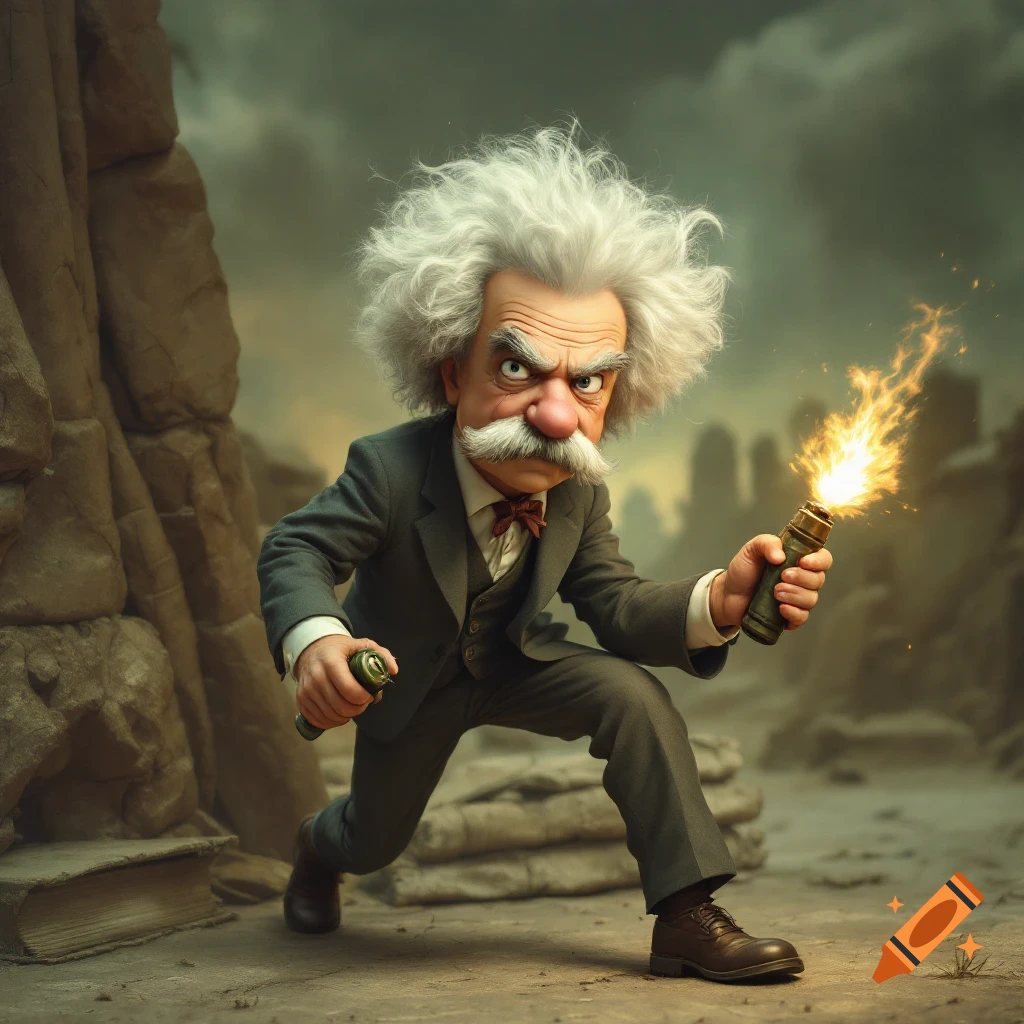 Cartoon caricature of Mark Twain crouching, holding two grenade-like objects, one ignited with fire, in a rocky landscape.