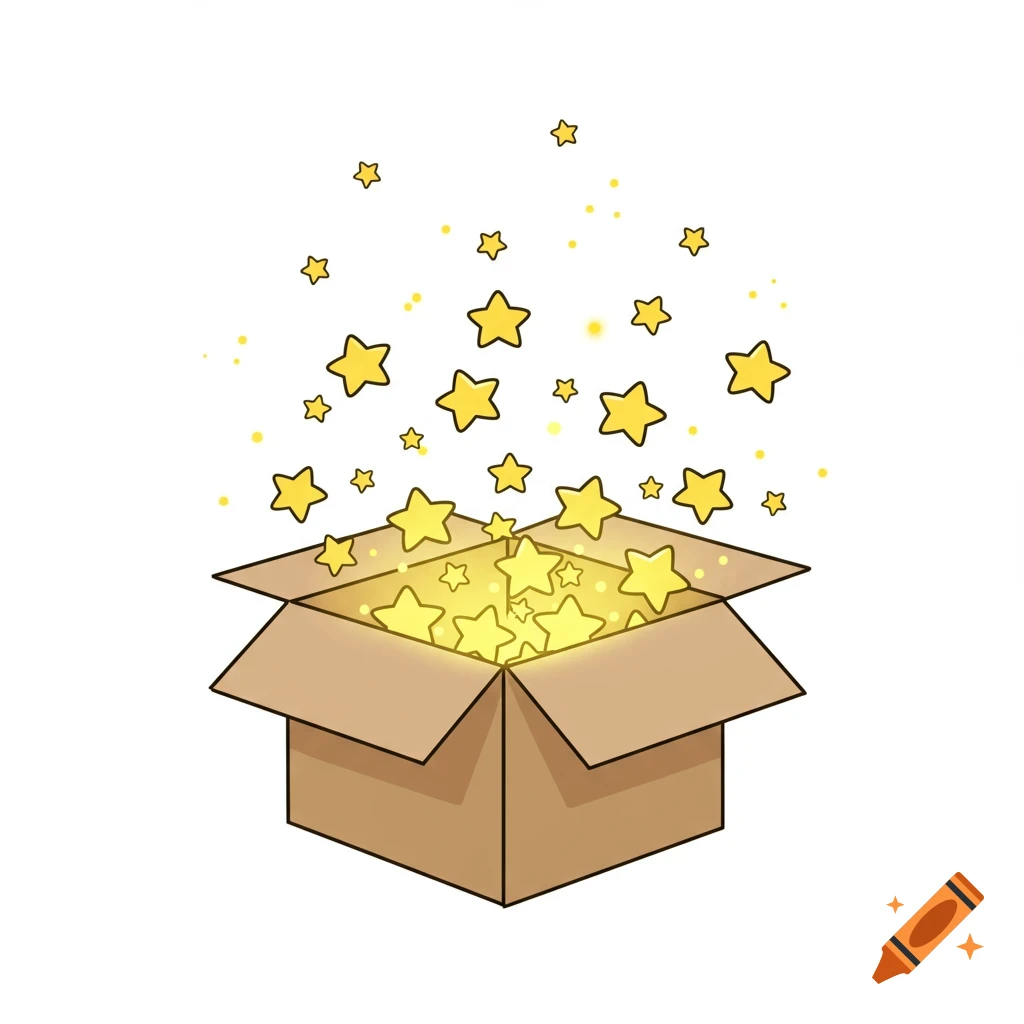 Cartoon illustration of yellow stars glowing and flying out of an open cardboard box.