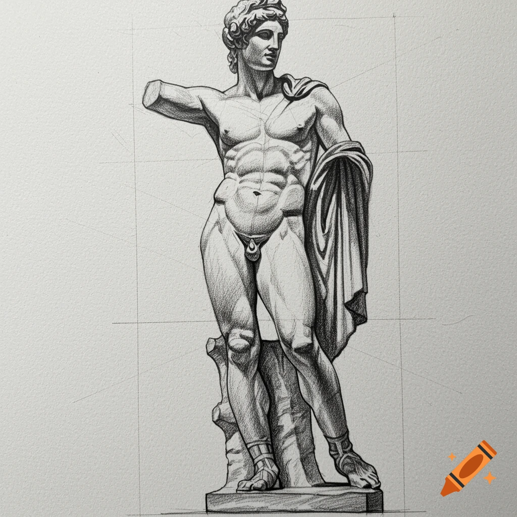 Pencil sketch of a classical male statue in a contrapposto pose.