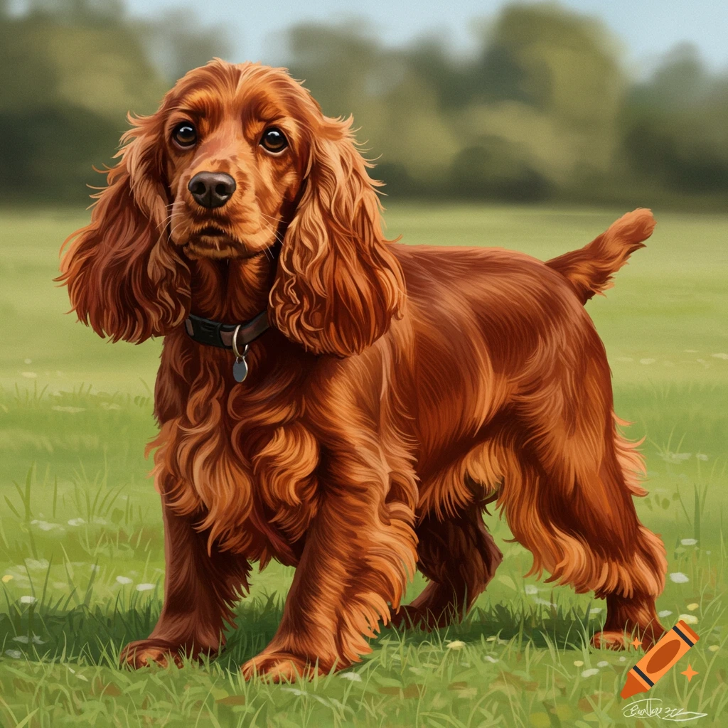 A brown English Cocker Spaniel stands in a grassy field.