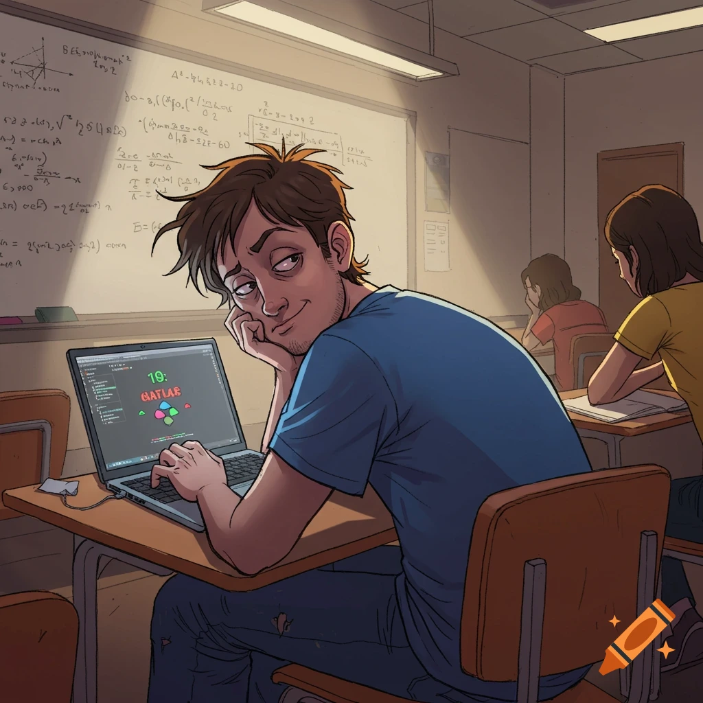 A bored student in a classroom looks at the camera while using a laptop.