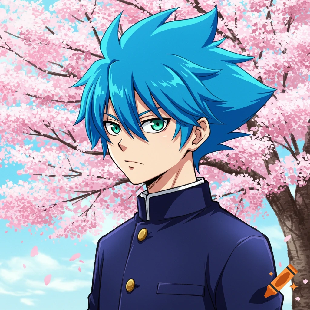 An anime boy with blue spiky hair and green eyes in a school uniform stands under a cherry blossom tree.