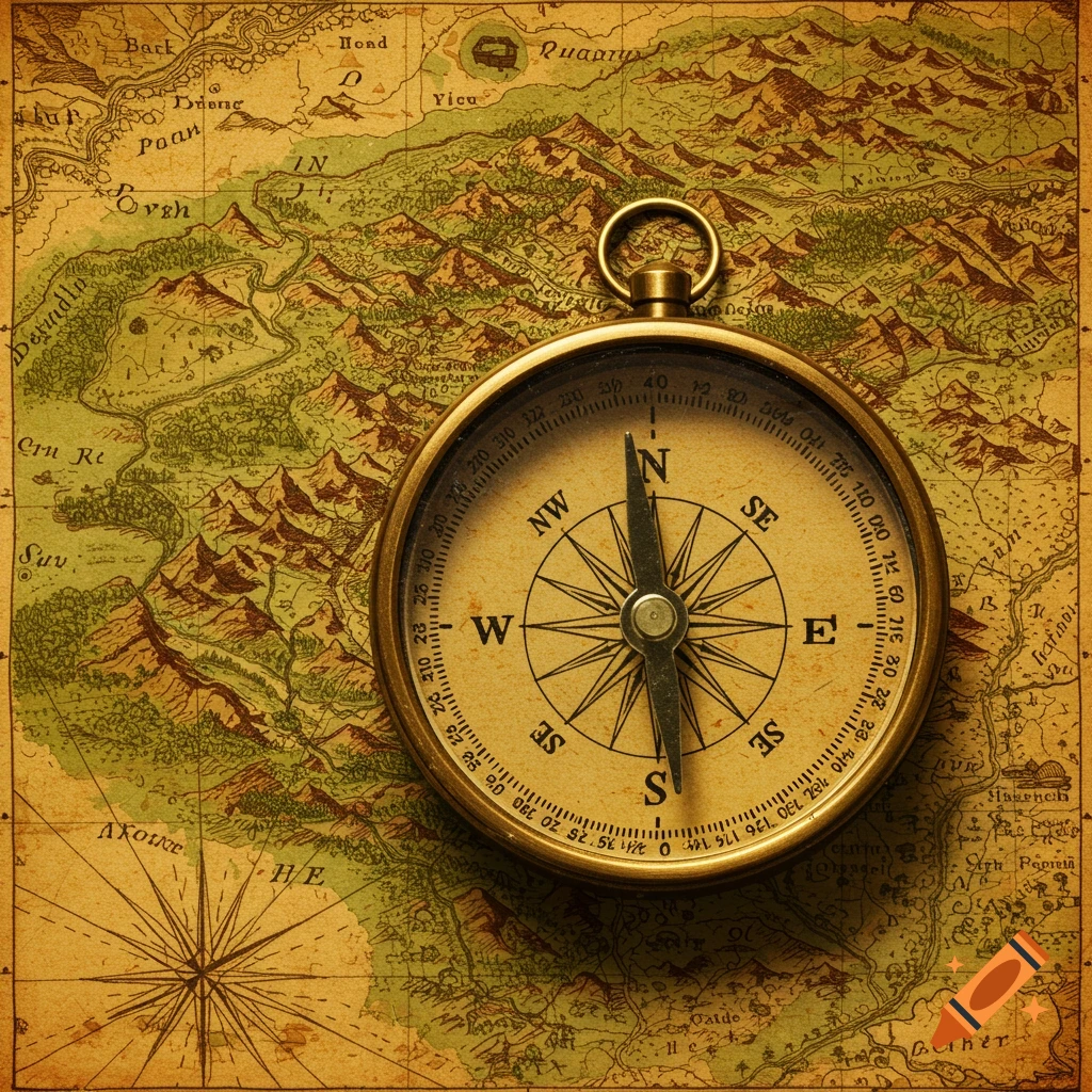 Vintage compass on an old map.