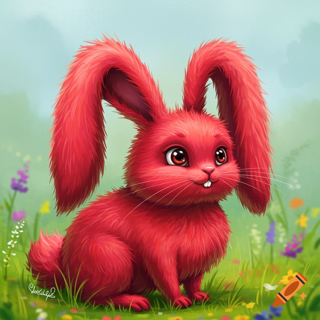A cute fluffy red bunny sitting in a field of colorful wildflowers.