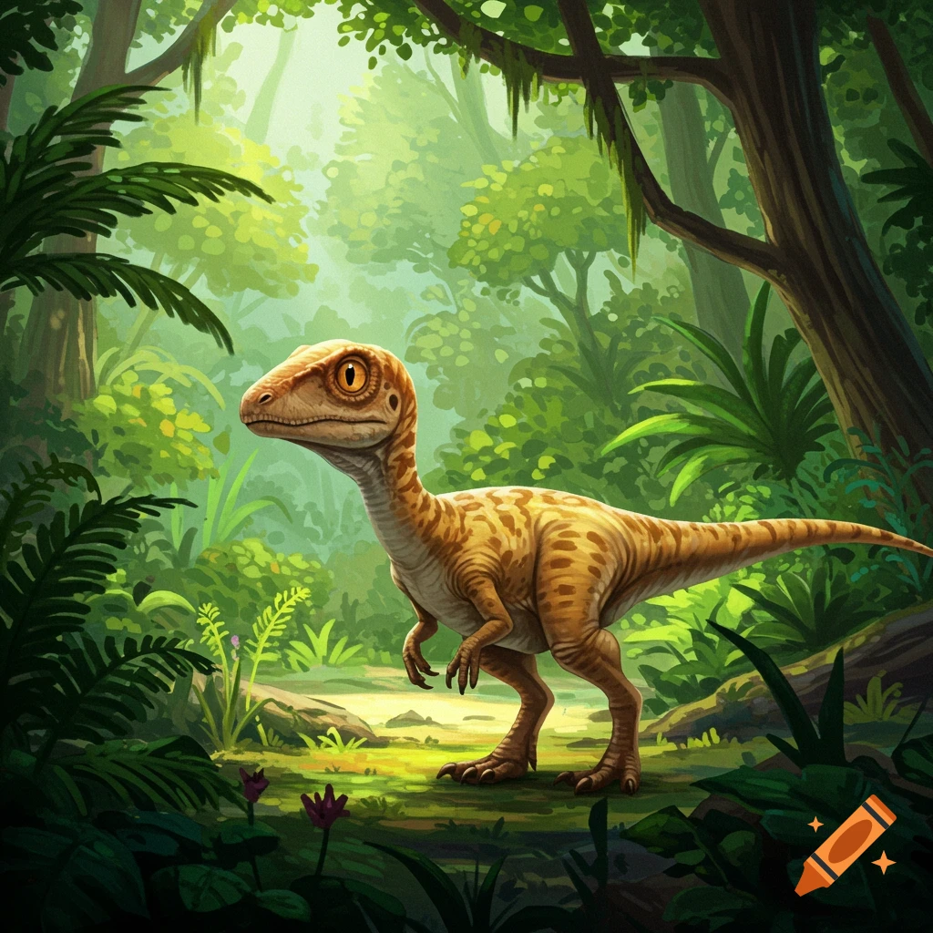 A baby dinosaur is in a lush jungle forest