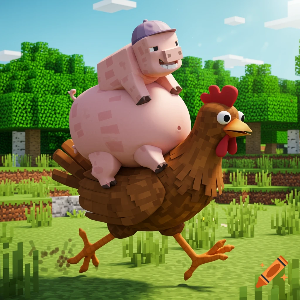 Cartoon pig with a cap riding a chicken in a Minecraft landscape.