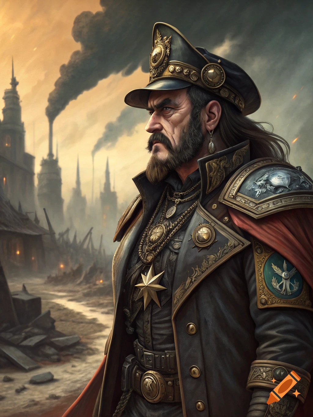 Portrait of a man resembling Lemmy Kilmister in an ornate Warhammer 40k imperial rogue trader outfit in a war-torn city.