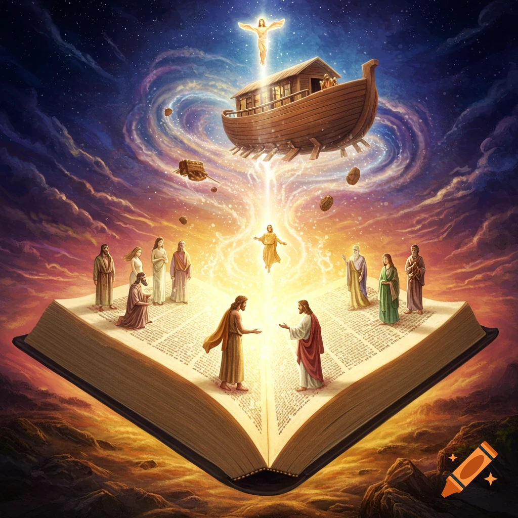 Figures and Noah's Ark rise from an open Bible under a cosmic sky.