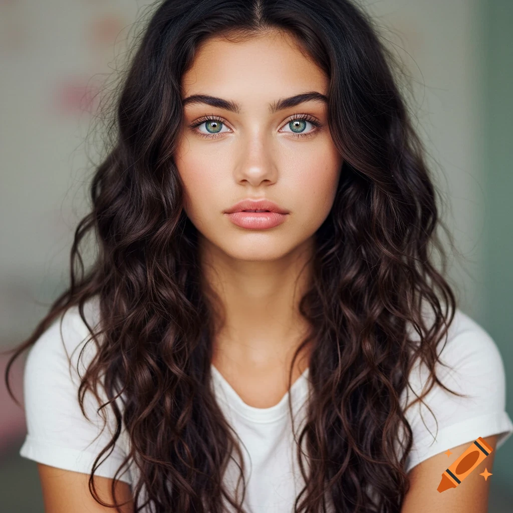 A photorealistic portrait of a young woman with long wavy dark brown hair and green eyes.