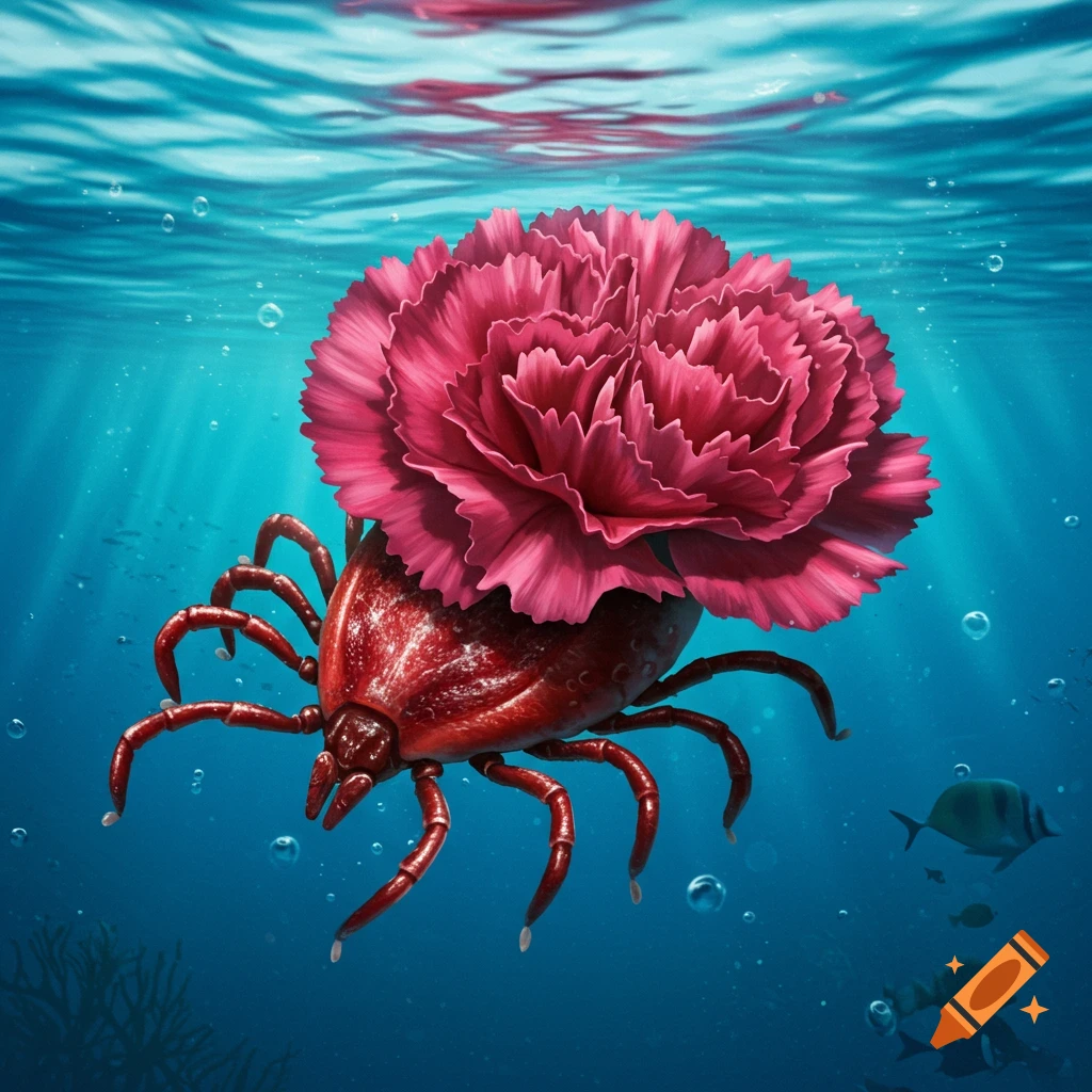 A red tick with a pink carnation head swims in deep blue underwater with bubbles and fish.
