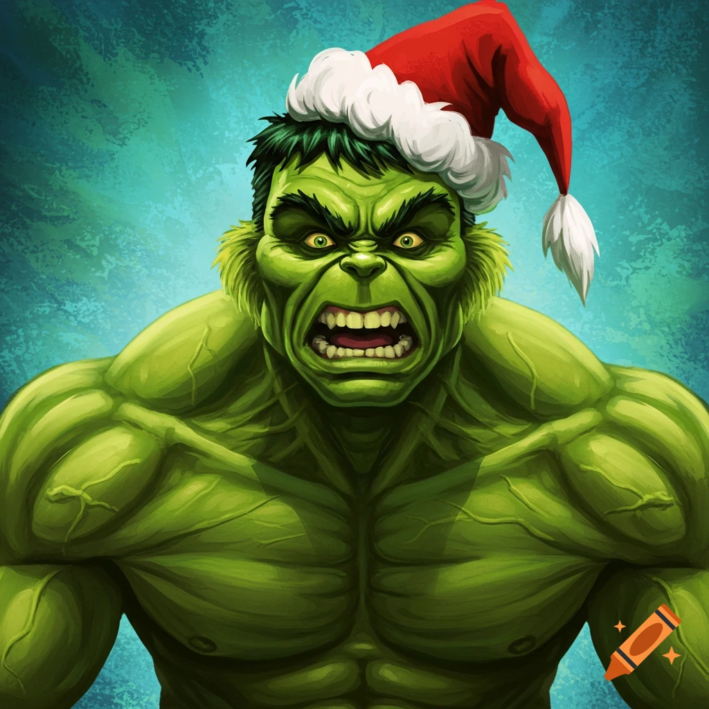 A character combining The Grinch and The Hulk, wearing a Santa hat