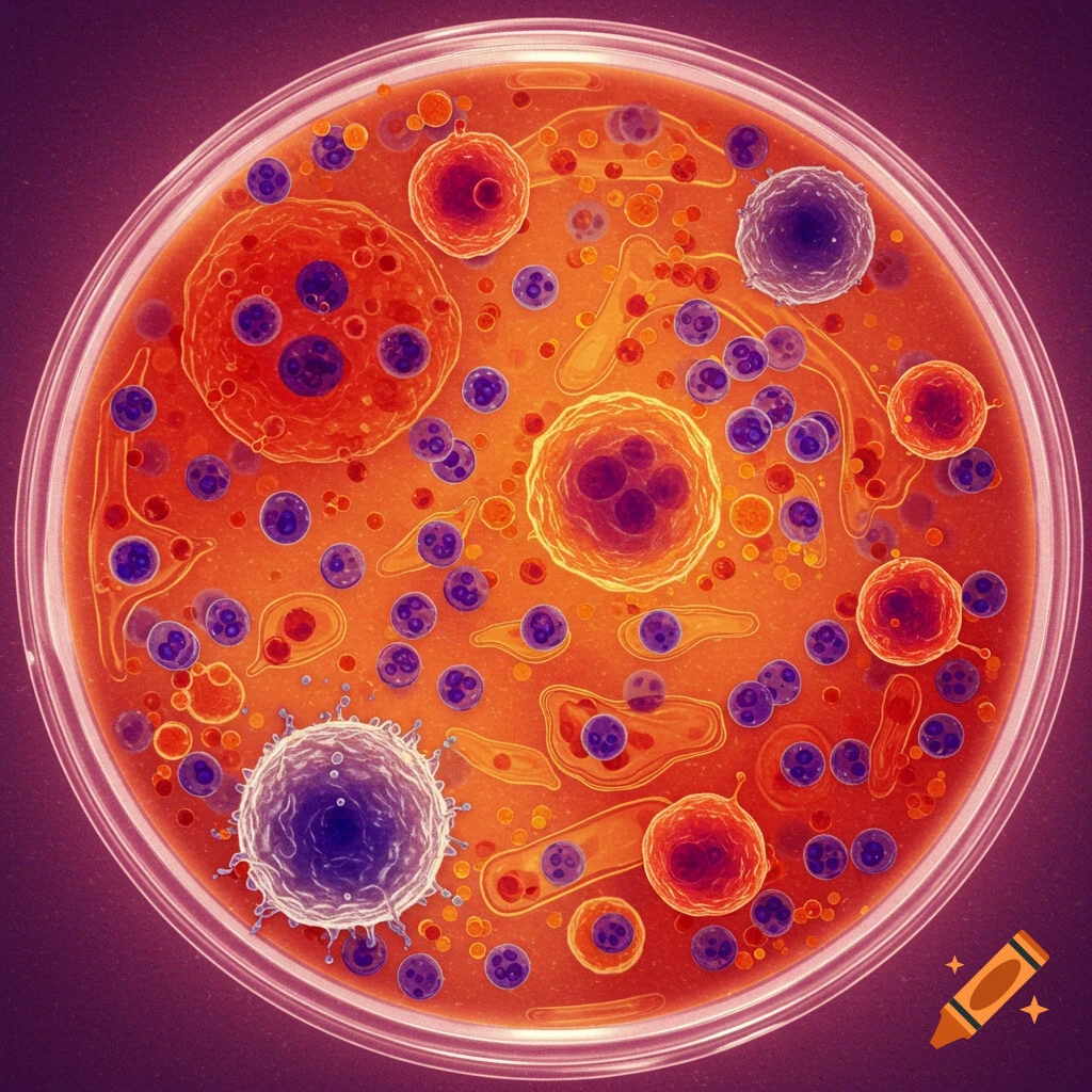 Various cells and organisms in a petri dish