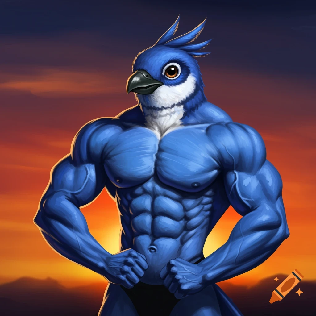 A muscular blue bird stands in a dynamic pose against a sunset backdrop ...