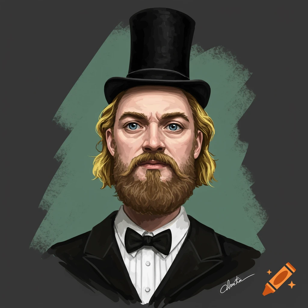 A man with a beard wearing a top hat and formal wear.