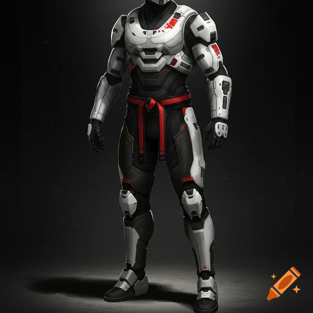 A white and black sci-fi armor suit with red accents.