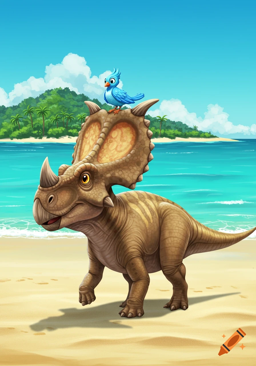 Cartoon dinosaur with blue bird on head walking on beach