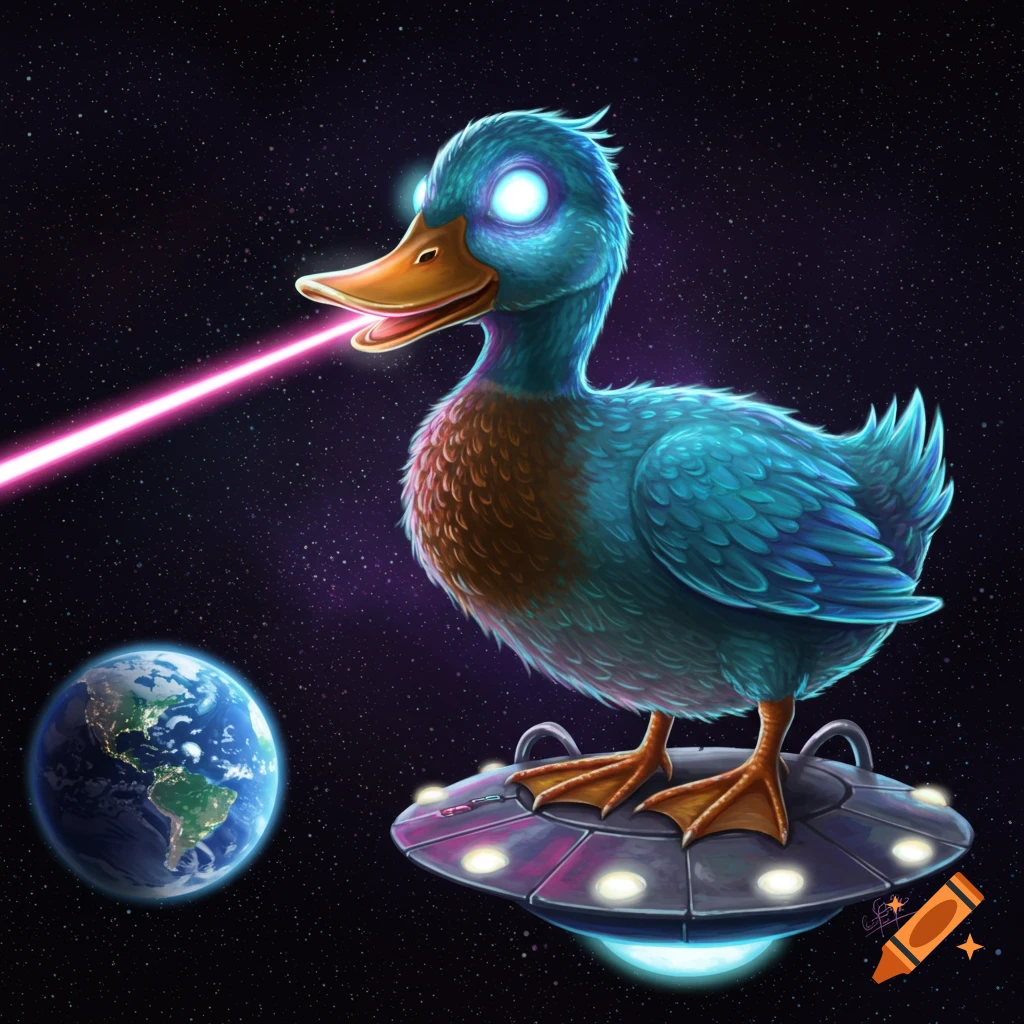 A large blue duck on a UFO shooting a laser at Earth in space.