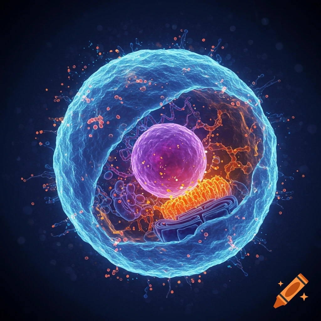 Detailed illustration of a biological cell showing nucleus and organelles.
