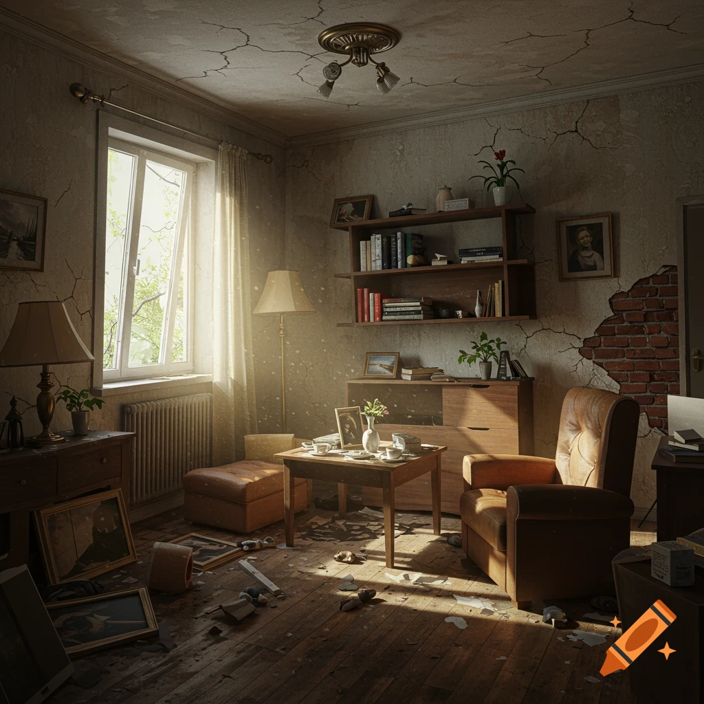Interior view of a damaged apartment with debris scattered across the floor. Sunlight illuminates the room through a window.