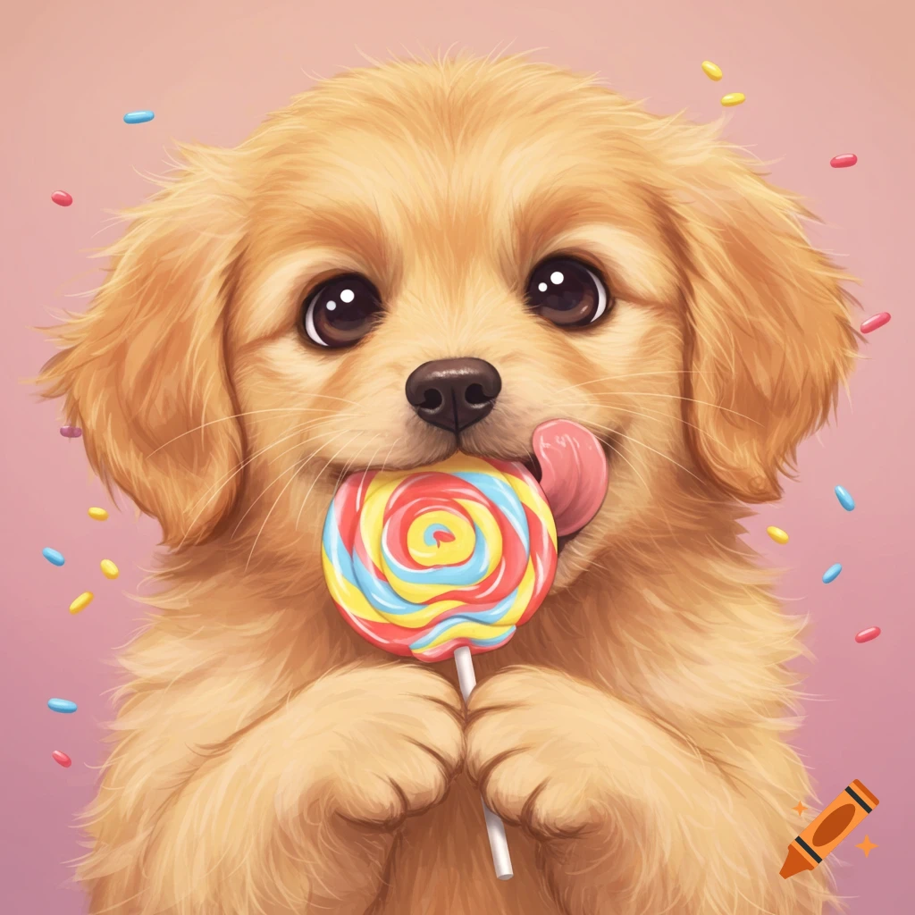 A cute golden puppy licking a colorful lollipop with sprinkles.