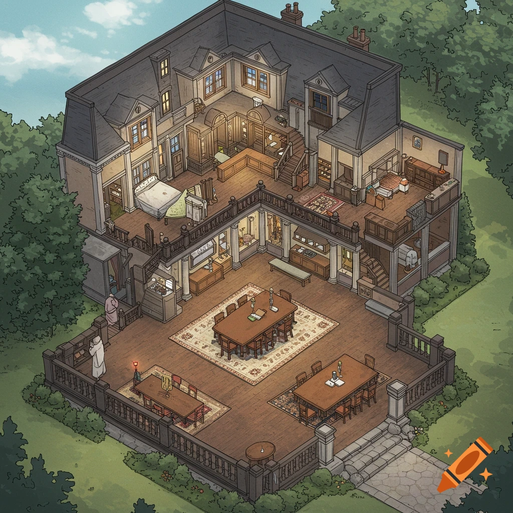 An isometric illustration showing a cutaway view of a large house with many rooms and the surrounding grounds.