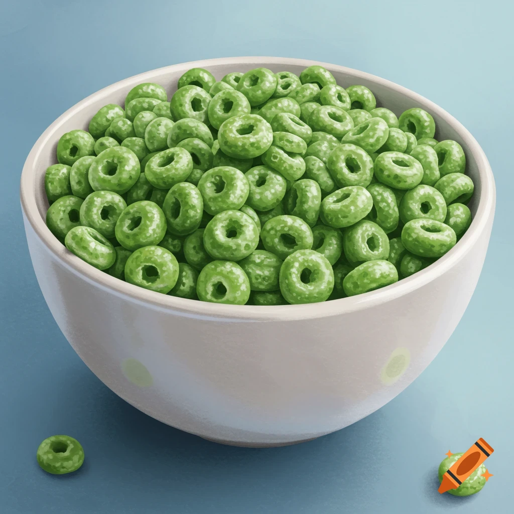 A white bowl filled with green ring cereal sits on a blue surface.