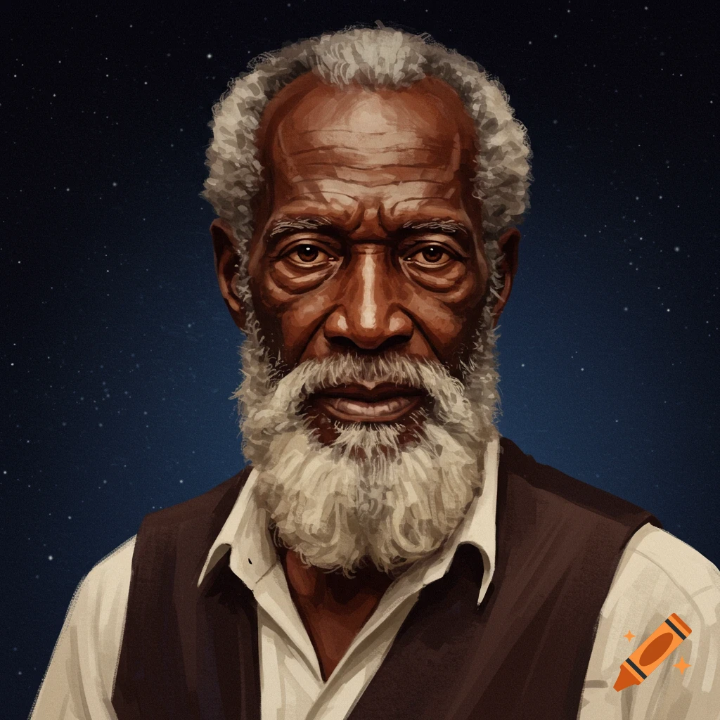 An old Black man with white beard and vest against a starry sky.