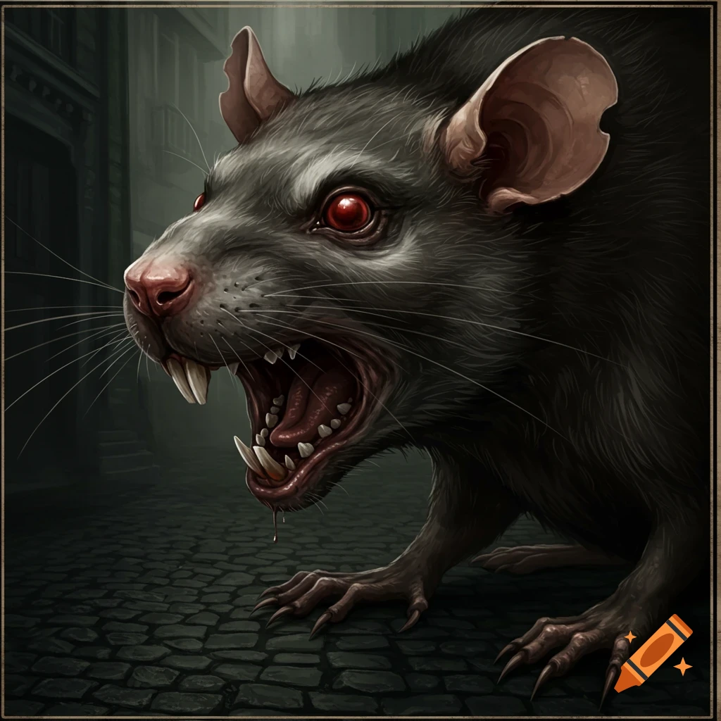 A large rat with red eyes, massive jaw, sharp teeth, and dripping blood on a cobblestone street.