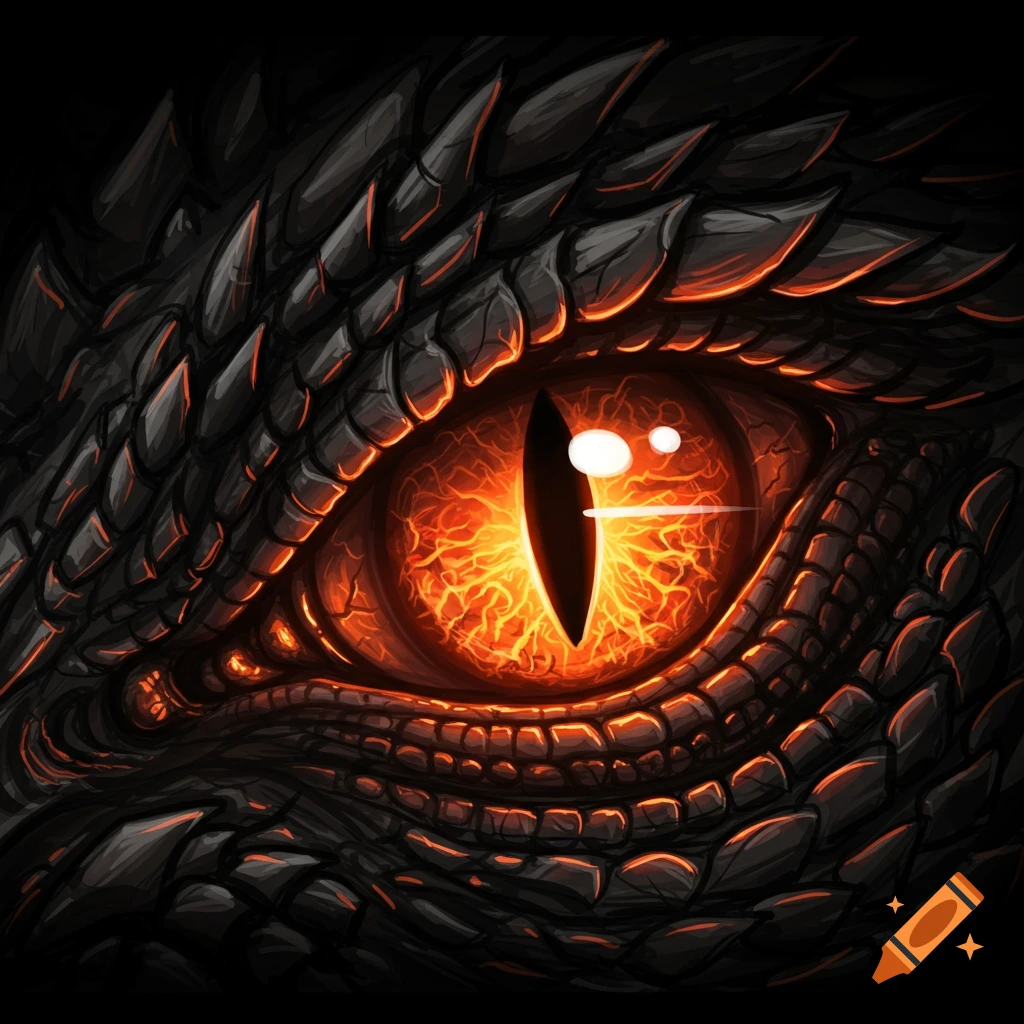 Close-up image of a fiery orange dragon eye surrounded by dark scales.