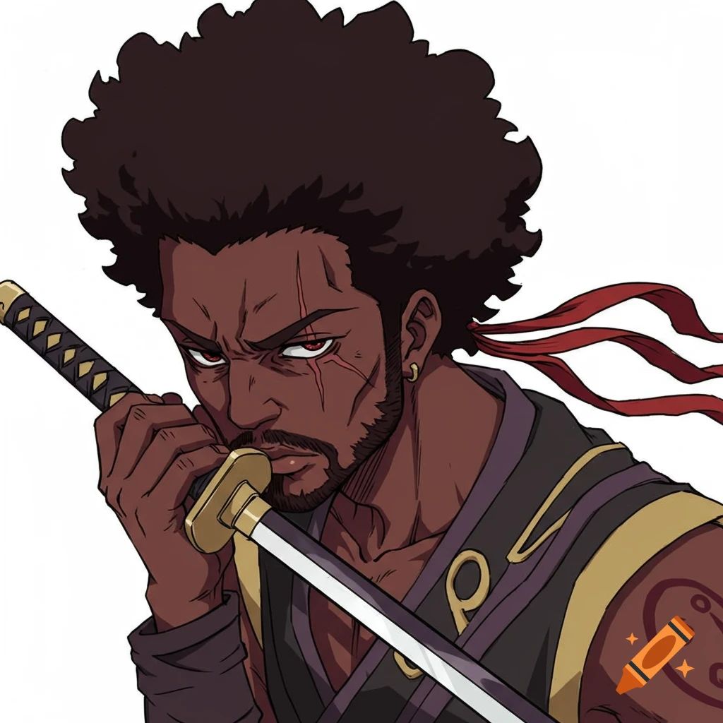 Anime portrait of a Black man with an afro, scars, and red eyes, holding a sword.