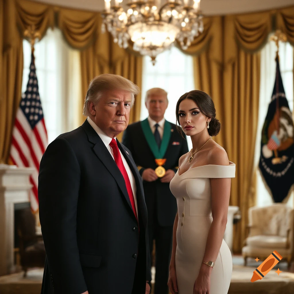 Donald Trump stands with a woman in a white dress in the White House East Room.