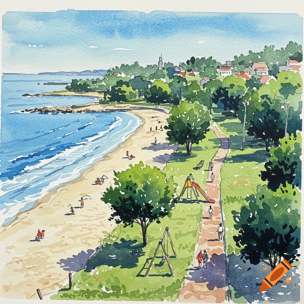 A watercolor illustration of a beach and park with people walking, sunbathing, and playground equipment.