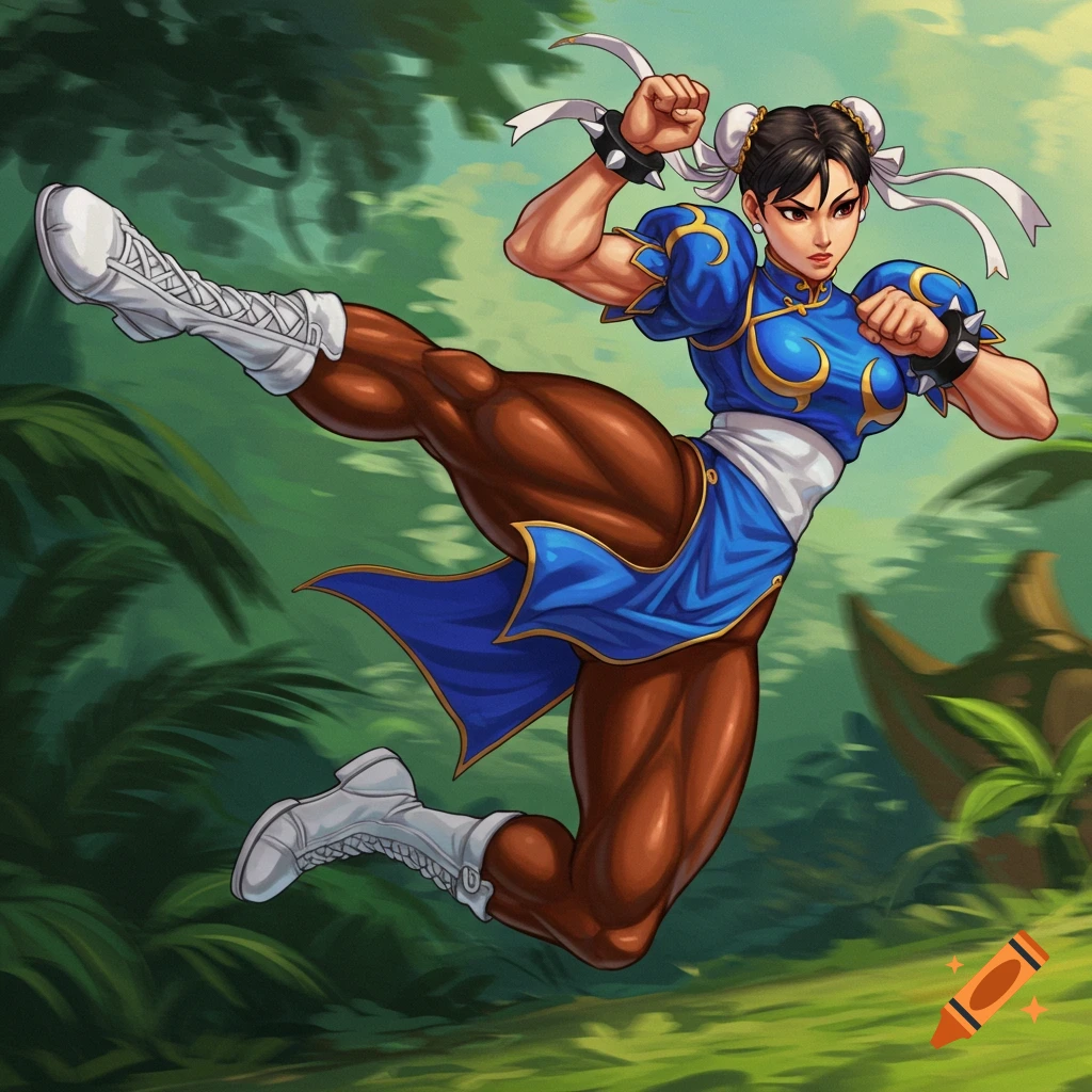 Chun-Li performing a high kick in a jungle.