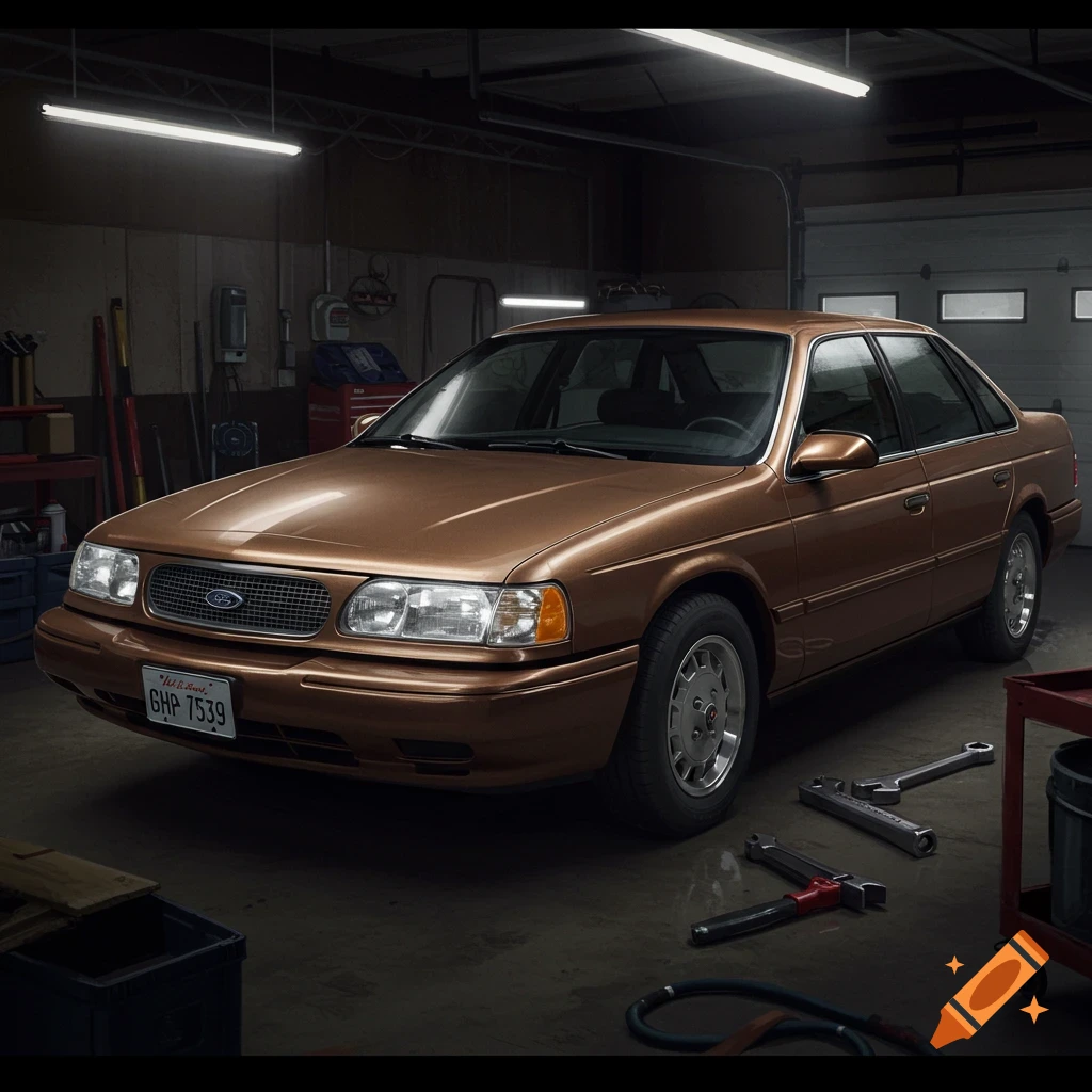 A brown Ford Taurus sedan parked in a garage with tools on the floor.