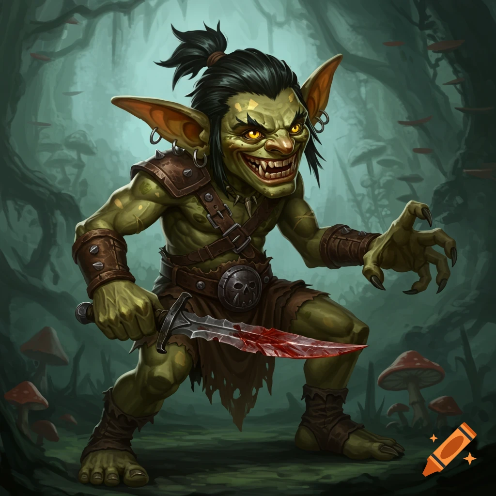 A vicious goblin holding a bloody dagger in a forest.