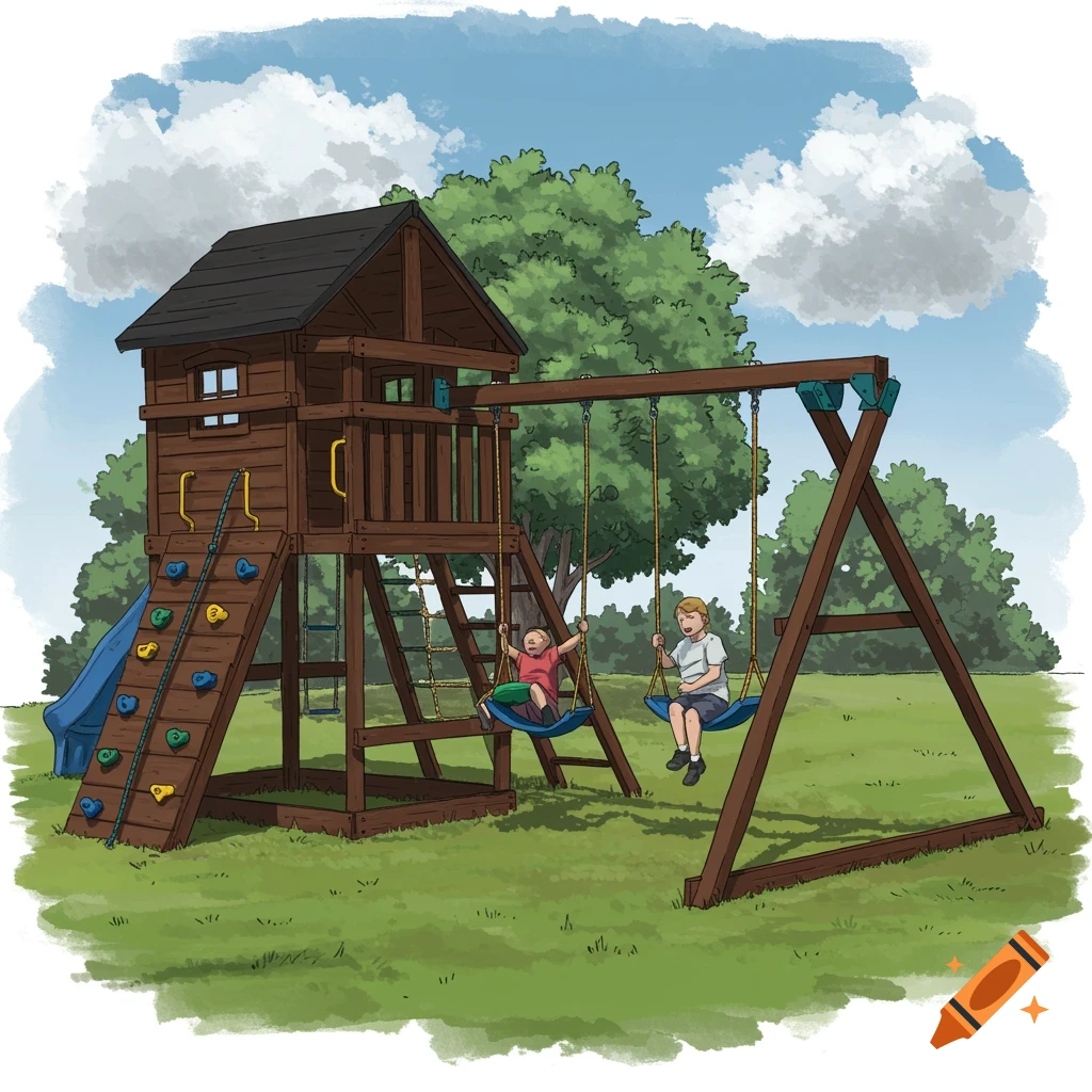 Two children on a swingset next to a wooden play structure with a slide and climbing wall.