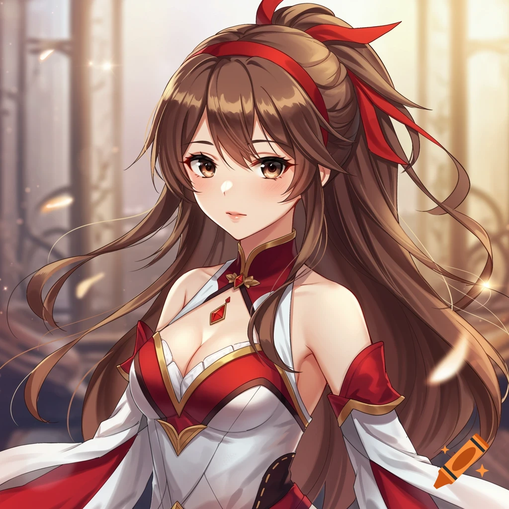 Anime portrait of a young woman with brown hair in a ponytail wearing a red and white dress in a warm interior.