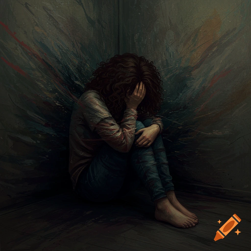 A person sits curled up on the floor covering their face, against an abstract background.